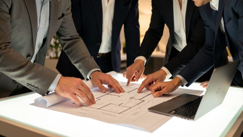 Un couple examine des plans et des documents immobiliers sur une table lumineuse, entour&eacute; de plusieurs professionnels dans un bureau moderne.