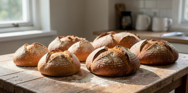 Assortiment de pains variés sur une table en bois, éclairage naturel doux dans une cuisine simple, ambiance chaleureuse et authentique.