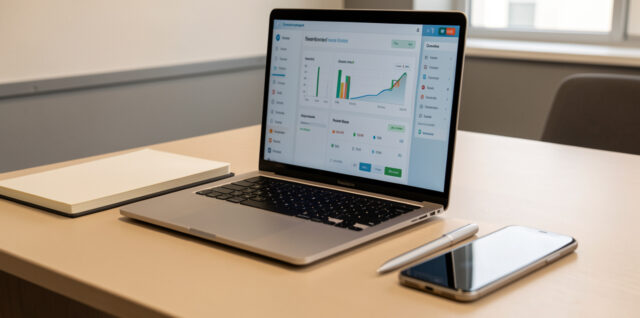 Bureau moderne avec un ordinateur portable en cours de préparation, un carnet, un smartphone et des accessoires, ambiance professionnelle avec lumière naturelle.