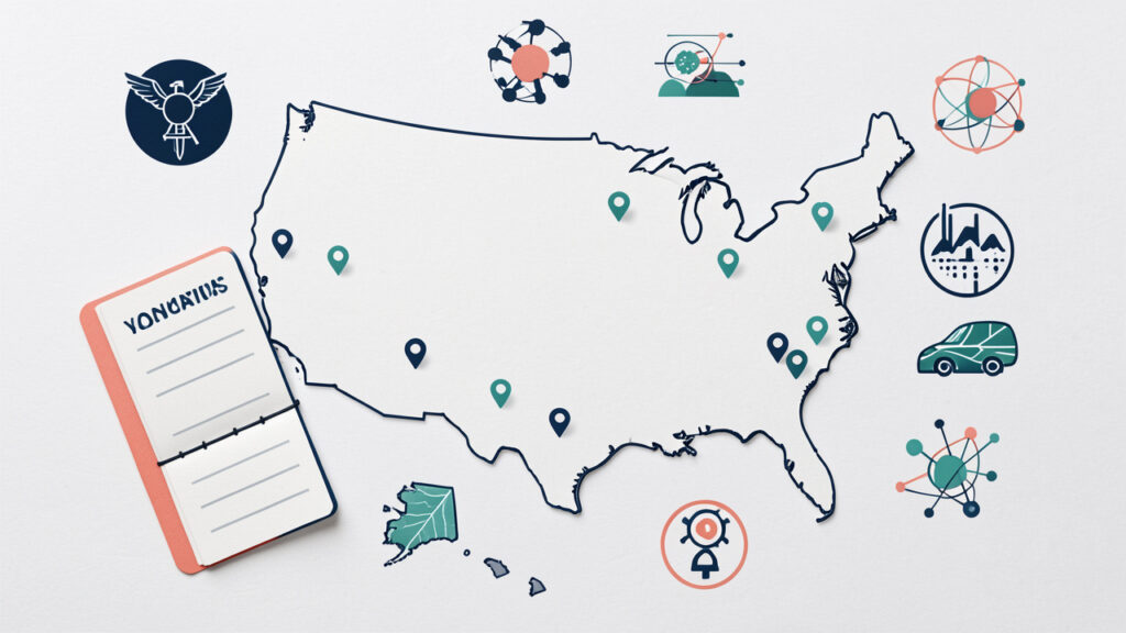 Illustration sobre d&rsquo;une carte des &Eacute;tats-Unis entour&eacute;e de rep&egrave;res sanitaires, d&rsquo;un carnet de vaccination ouvert et de pictogrammes abstraits de surveillance &eacute;pid&eacute;miologique.