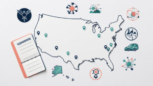 Illustration sobre d’une carte des États-Unis entourée de repères sanitaires, d’un carnet de vaccination ouvert et de pictogrammes abstraits de surveillance épidémiologique.