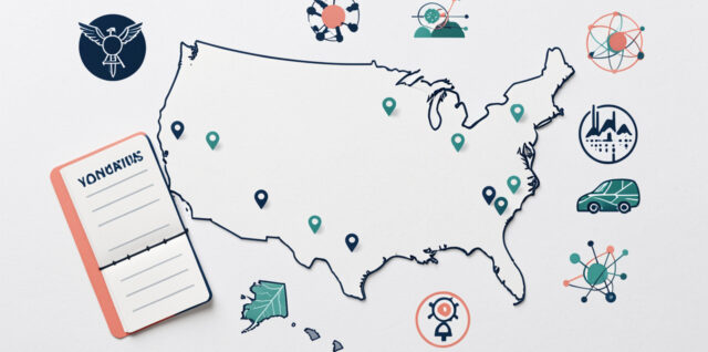 Illustration sobre d’une carte des États-Unis entourée de repères sanitaires, d’un carnet de vaccination ouvert et de pictogrammes abstraits de surveillance épidémiologique.