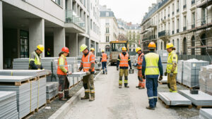 Chantier urbain professionnel à Lyon avec une équipe mixte casquée, des matériaux soigneusement rangés et un accès logistique bien organisé.