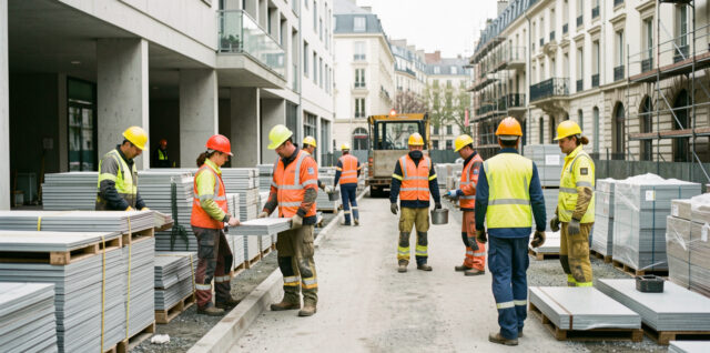 Chantier urbain professionnel à Lyon avec une équipe mixte casquée, des matériaux soigneusement rangés et un accès logistique bien organisé.