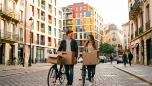 Un jeune couple découvre un quartier lyonnais lumineux avec des cartons, des vélos et des immeubles urbains.