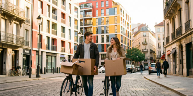 Un jeune couple découvre un quartier lyonnais lumineux avec des cartons, des vélos et des immeubles urbains.