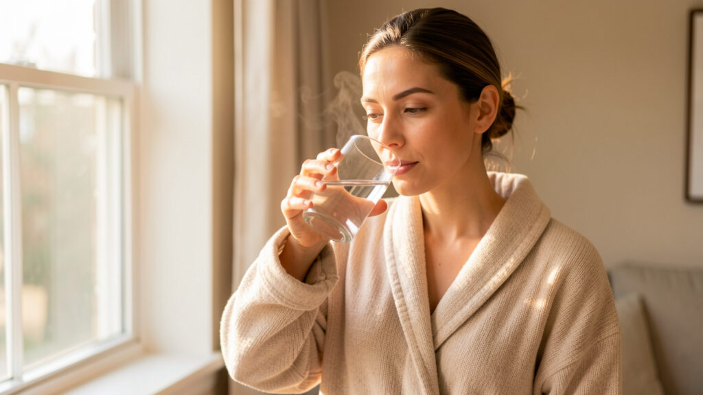 Une femme boit tranquillement de l&rsquo;eau pr&egrave;s d&rsquo;une fen&ecirc;tre, dans une ambiance douce et paisible, &eacute;voquant une routine bien-&ecirc;tre &agrave; la maison.