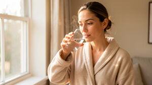 Une femme boit tranquillement de l’eau près d’une fenêtre, dans une ambiance douce et paisible, évoquant une routine bien-être à la maison.