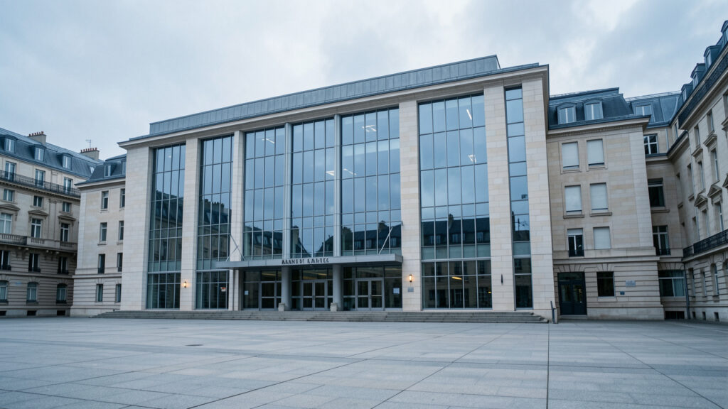 Fa&ccedil;ade institutionnelle du Tribunal judiciaire de Paris sous un ciel couvert, dans une ambiance sobre &eacute;voquant la justice financi&egrave;re.