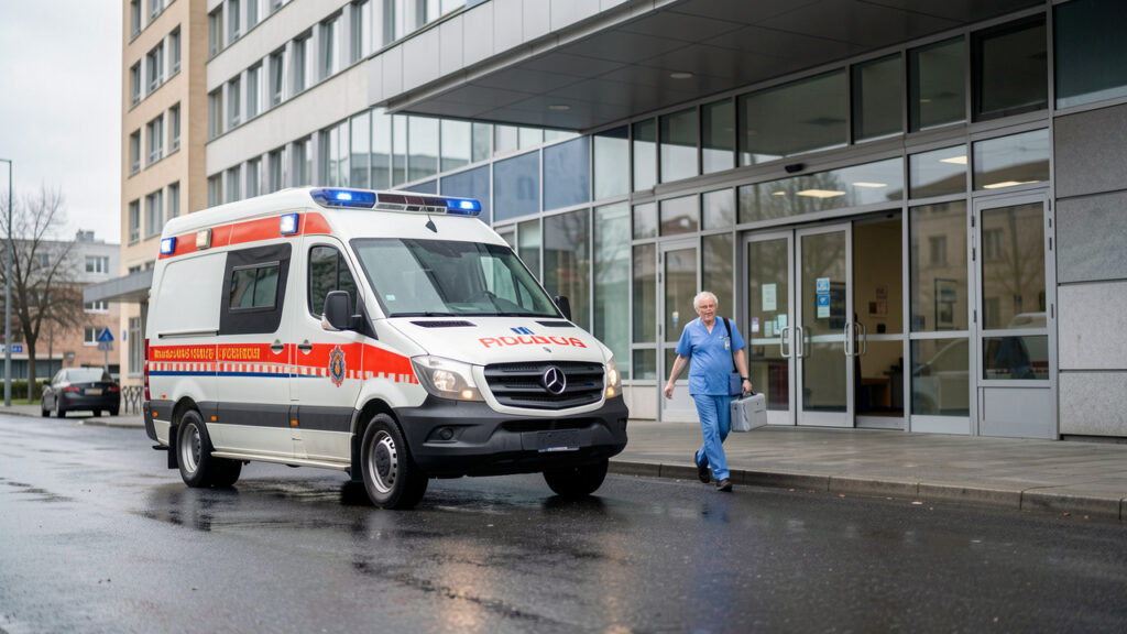 Un v&eacute;hicule sanitaire stationn&eacute; devant un h&ocirc;pital en ville, avec une infirmi&egrave;re accompagnant un homme &acirc;g&eacute; vers l&rsquo;entr&eacute;e dans une ambiance urbaine calme.