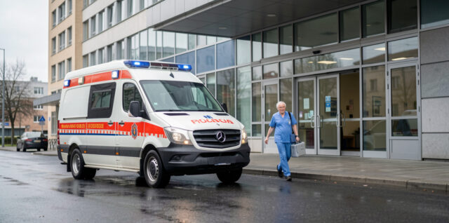 Un véhicule sanitaire stationné devant un hôpital en ville, avec une infirmière accompagnant un homme âgé vers l’entrée dans une ambiance urbaine calme.