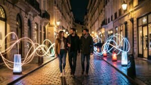 Groupe de deux femmes et deux hommes marchant dans une rue lyonnaise nocturne, entourés de traînées lumineuses abstraites et d’une ambiance immersive.