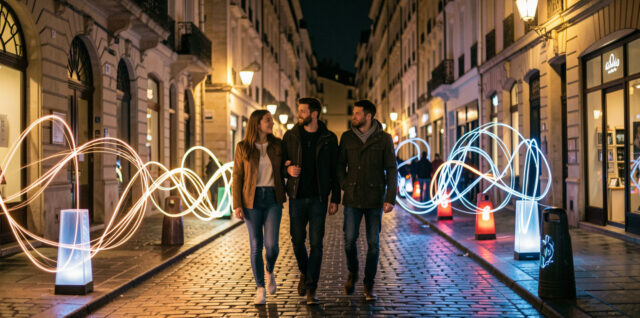 Groupe de deux femmes et deux hommes marchant dans une rue lyonnaise nocturne, entourés de traînées lumineuses abstraites et d’une ambiance immersive.