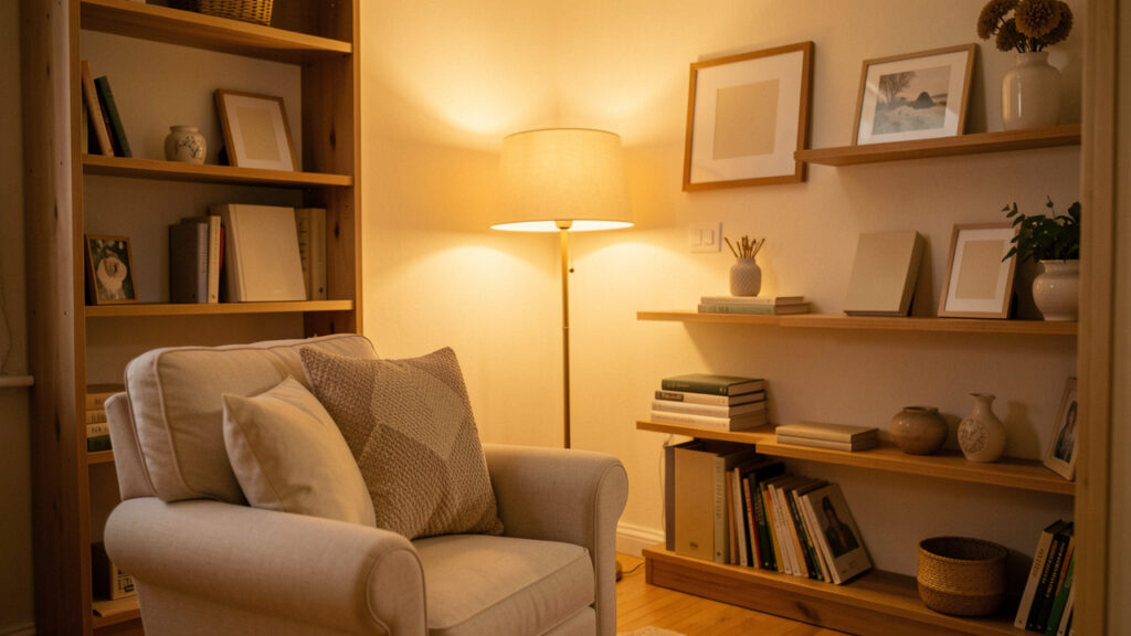 Coin loisirs chaleureux &agrave; la maison avec fauteuil confortable, &eacute;tag&egrave;res en bois, lampe douce et d&eacute;coration personnalis&eacute;e.