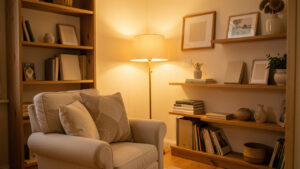 Coin loisirs chaleureux à la maison avec fauteuil confortable, étagères en bois, lampe douce et décoration personnalisée.