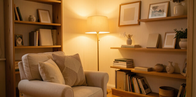 Coin loisirs chaleureux à la maison avec fauteuil confortable, étagères en bois, lampe douce et décoration personnalisée.
