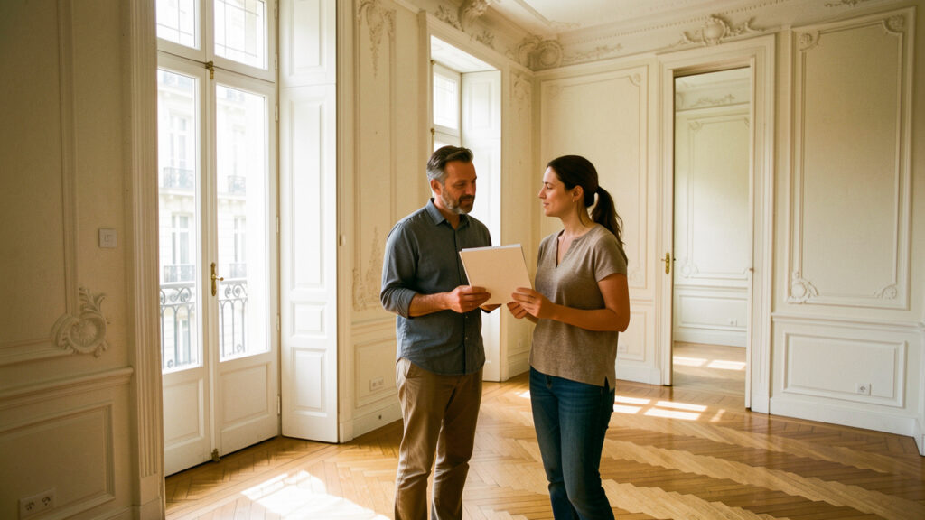 Un homme et une femme visitent un appartement ancien et lumineux &agrave; Lyon, avec parquet, moulures &eacute;l&eacute;gantes et carnet de notes vierge.