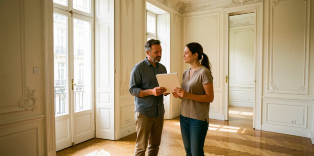 Un homme et une femme visitent un appartement ancien et lumineux à Lyon, avec parquet, moulures élégantes et carnet de notes vierge.