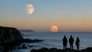 Éclipse lunaire partielle, Lune cuivrée basse à l’ouest à l’aube au-dessus d’un littoral français, avec trois observateurs en silhouette et une mer calme.