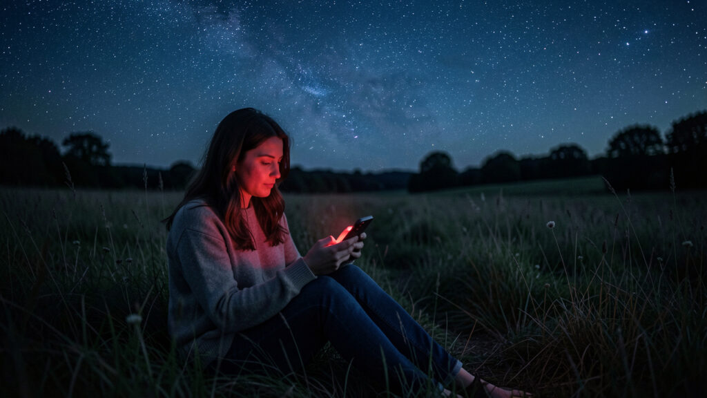 Une femme assise discr&egrave;tement dans un champ sombre en France consulte son smartphone sous un ciel &eacute;toil&eacute;.