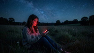 Une femme assise discrètement dans un champ sombre en France consulte son smartphone sous un ciel étoilé.