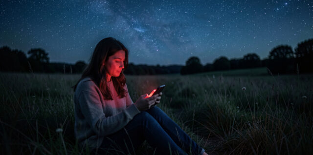Une femme assise discrètement dans un champ sombre en France consulte son smartphone sous un ciel étoilé.