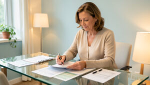 Femme consultant des documents médicaux et financiers disposés sur une table lumineuse, dans une ambiance calme et rassurante, sans texte lisible.