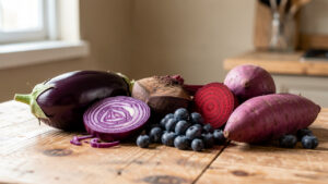 Table lumineuse présentant une aubergine, du chou rouge, des betteraves, des myrtilles et des patates douces violettes dans une composition culinaire naturelle.