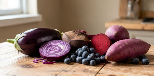 Table lumineuse présentant une aubergine, du chou rouge, des betteraves, des myrtilles et des patates douces violettes dans une composition culinaire naturelle.
