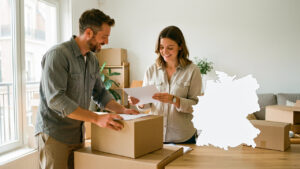 Un couple français prépare des cartons et des documents vierges devant une carte sans inscriptions de la Belgique, dans un intérieur lumineux et réaliste.