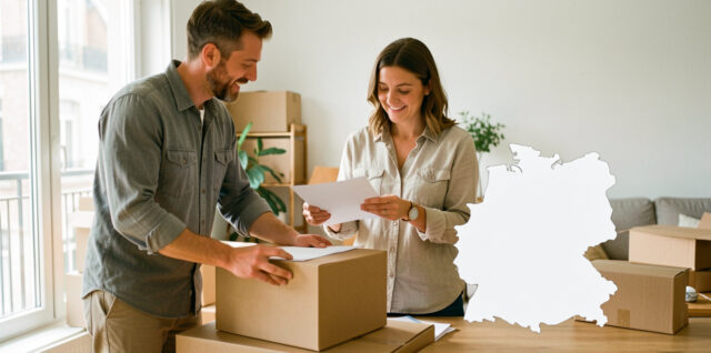 Un couple français prépare des cartons et des documents vierges devant une carte sans inscriptions de la Belgique, dans un intérieur lumineux et réaliste.