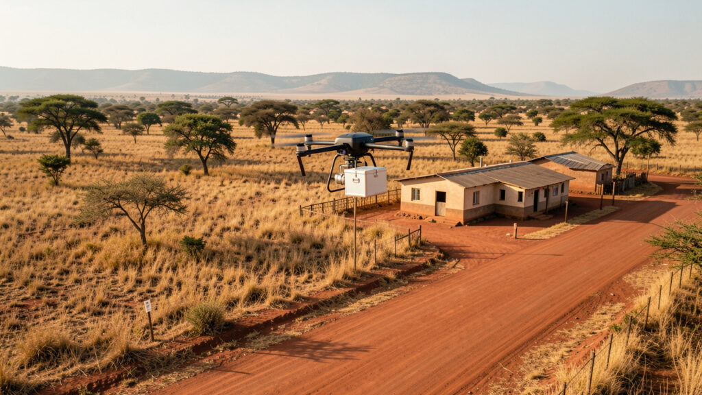 Un drone m&eacute;dical &eacute;lectrique transporte une petite bo&icirc;te isotherme au-dessus d&rsquo;une piste rurale africaine en direction d&rsquo;un centre de sant&eacute;, sous une lumi&egrave;re naturelle.