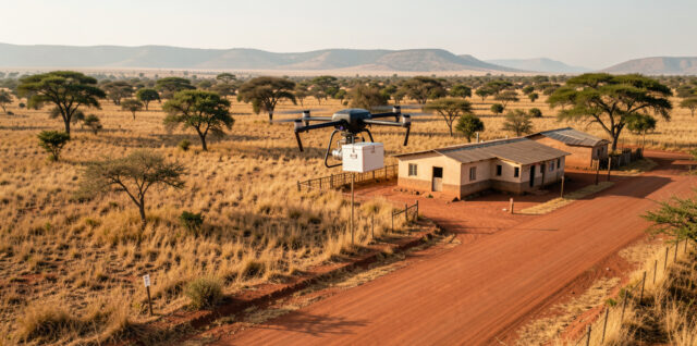 Un drone médical électrique transporte une petite boîte isotherme au-dessus d’une piste rurale africaine en direction d’un centre de santé, sous une lumière naturelle.