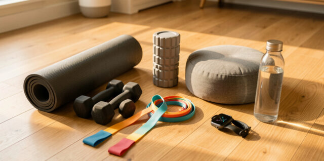 Sept équipements de bien-être disposés dans un intérieur minimaliste : tapis de yoga, haltères, bandes élastiques, rouleau de massage, coussin de méditation, bouteille d’eau et montre de fitness.