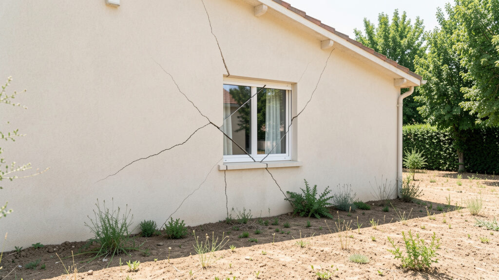 Fa&ccedil;ade lumineuse d&rsquo;une maison individuelle fran&ccedil;aise pr&eacute;sentant des fissures obliques pr&egrave;s d&rsquo;une fen&ecirc;tre, avec un sol sec et de la v&eacute;g&eacute;tation en arri&egrave;re-plan.