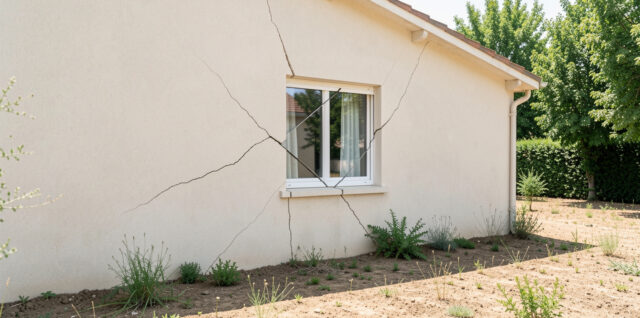 Façade lumineuse d’une maison individuelle française présentant des fissures obliques près d’une fenêtre, avec un sol sec et de la végétation en arrière-plan.