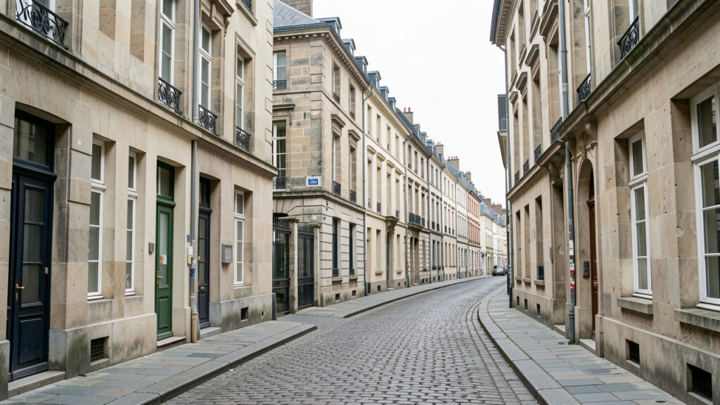 Fa&ccedil;ades anciennes en pierre du centre de Rennes bordant une rue pav&eacute;e, photographi&eacute;es dans une ambiance r&eacute;aliste de reportage immobilier.