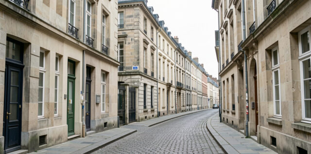 Façades anciennes en pierre du centre de Rennes bordant une rue pavée, photographiées dans une ambiance réaliste de reportage immobilier.