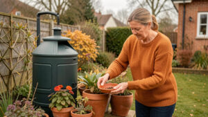 Une femme vide une soucoupe sous un pot de fleurs dans un jardin résidentiel en automne, près d’un récupérateur d’eau fermé, sous une lumière douce.