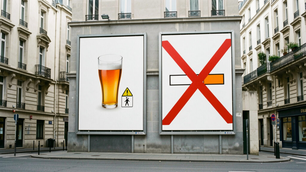 Illustration r&eacute;aliste de deux panneaux publicitaires urbains en France, l&rsquo;un associ&eacute; &agrave; une boisson ambr&eacute;e et &agrave; un avertissement sanitaire, l&rsquo;autre marqu&eacute; d&rsquo;un symbole de cigarette barr&eacute;, dans une ambiance &eacute;ditoriale.