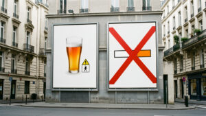 Illustration réaliste de deux panneaux publicitaires urbains en France, l’un associé à une boisson ambrée et à un avertissement sanitaire, l’autre marqué d’un symbole de cigarette barré, dans une ambiance éditoriale.