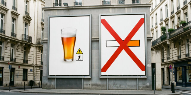 Illustration réaliste de deux panneaux publicitaires urbains en France, l’un associé à une boisson ambrée et à un avertissement sanitaire, l’autre marqué d’un symbole de cigarette barré, dans une ambiance éditoriale.