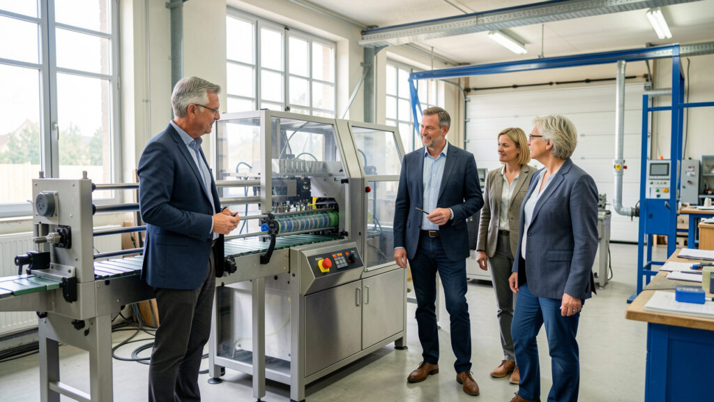 Un groupe de dirigeants et dirigeantes de PME observe une machine de production moderne dans un atelier industriel partag&eacute;, lumineux et bien am&eacute;nag&eacute;.