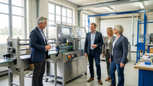 Un groupe de dirigeants et dirigeantes de PME observe une machine de production moderne dans un atelier industriel partagé, lumineux et bien aménagé.