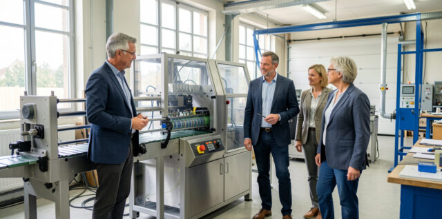 Un groupe de dirigeants et dirigeantes de PME observe une machine de production moderne dans un atelier industriel partagé, lumineux et bien aménagé.