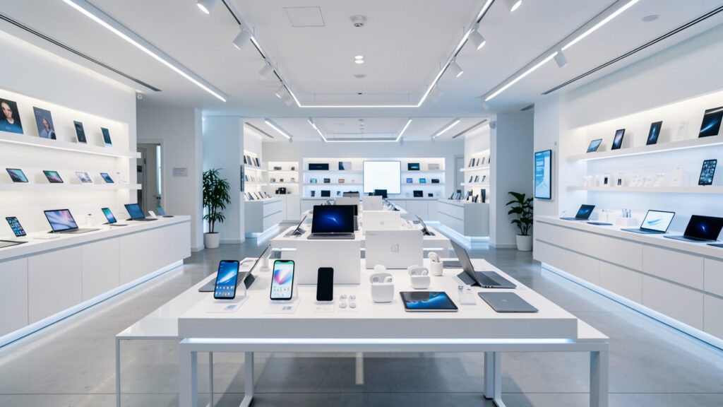 Rayon high-tech moderne &agrave; Lyon pr&eacute;sentant des smartphones, ordinateurs, tablettes et &eacute;couteurs sans fil dans une ambiance lumineuse et &eacute;pur&eacute;e.
