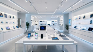 Rayon high-tech moderne à Lyon présentant des smartphones, ordinateurs, tablettes et écouteurs sans fil dans une ambiance lumineuse et épurée.