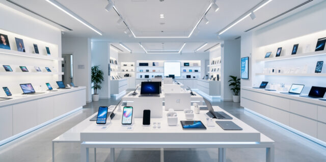 Rayon high-tech moderne à Lyon présentant des smartphones, ordinateurs, tablettes et écouteurs sans fil dans une ambiance lumineuse et épurée.