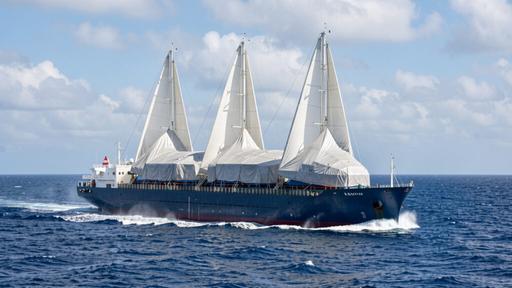 Roulier moderne de 105 m&egrave;tres naviguant sur l&rsquo;Atlantique avec trois ailes rigides blanches et une cargaison spatiale s&eacute;curis&eacute;e &agrave; bord, sous une lumi&egrave;re naturelle.
