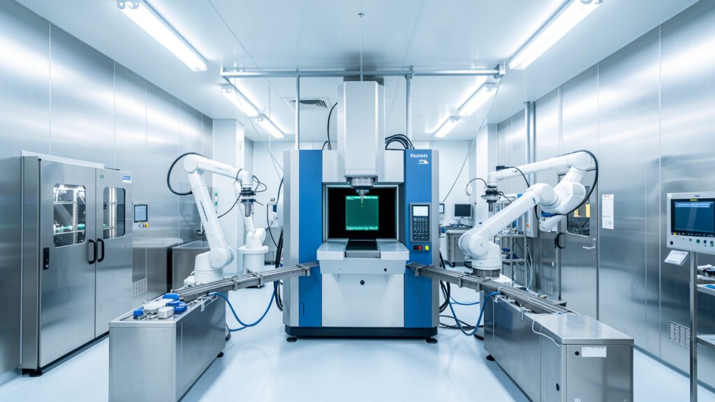 Salle blanche industrielle et lumineuse d&eacute;di&eacute;e &agrave; la fabrication de semi-conducteurs, avec un scanner moderne de lithographie et des bras robotis&eacute;s manipulant des wafers.